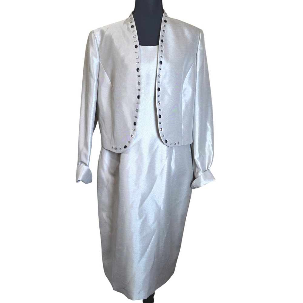 Kasper 2 Piece Dress Suit Set Mink Rhinestone Embellished Shiny Elegant Size 12‎